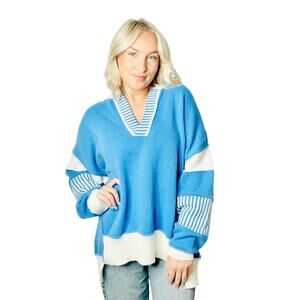 Peach Love color block blue white collar v neck oversized sweater womens small